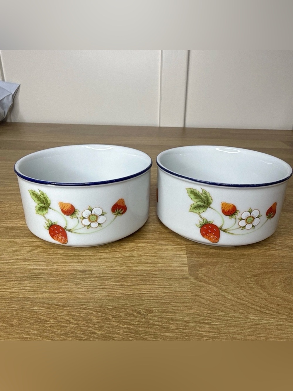 Vintage Otagiri Porcelain Strawberries & Blossoms Desert Bowls Blue Rim Set of 2